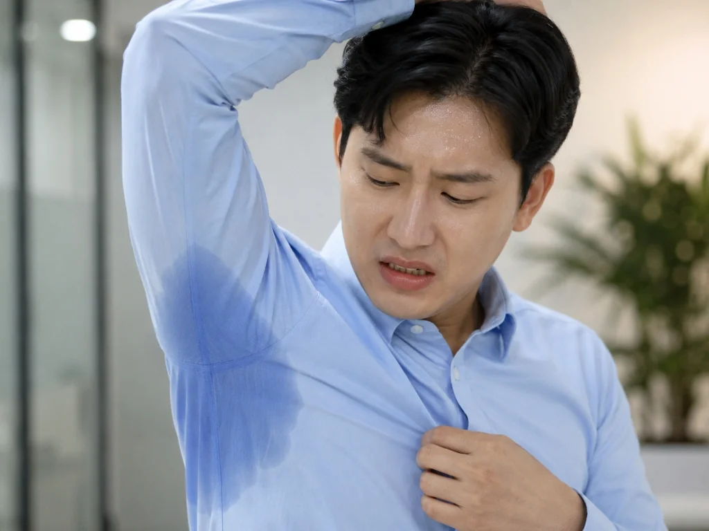 손발과 얼굴의 과도한 땀 및 다한증 진료 과정을 설명하는 이미지